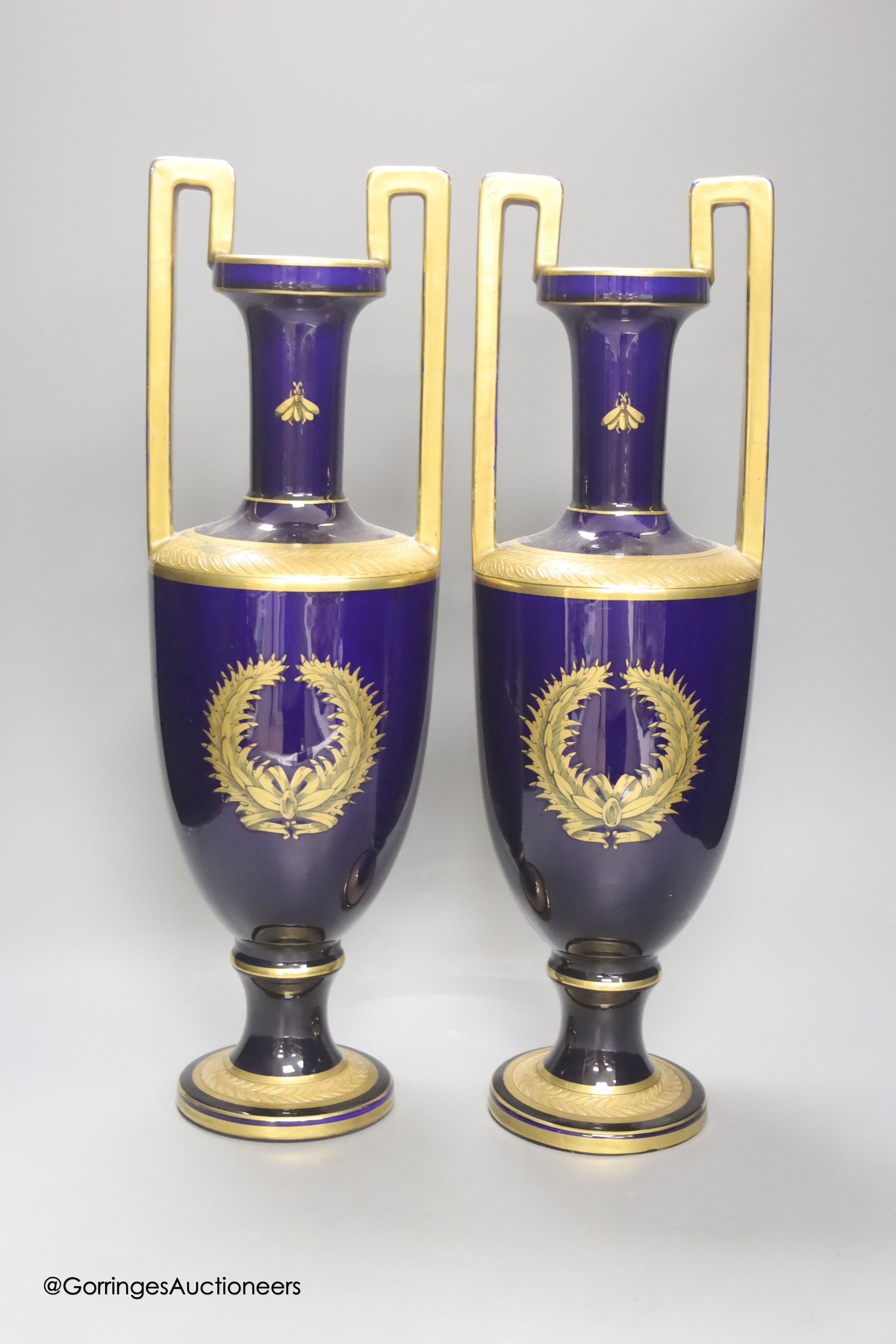 A pair of French gilt blue porcelain two handled vases, height 45cm - Image 2 of 4