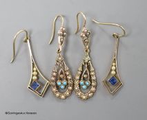 Two pairs of late Victorian yellow metal and gem set drop earrings, including turquoise and seed