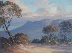 John Emmett (1927-),oil on canvas board, Evening clouds over Mount Solitary from Katoomba, signed,