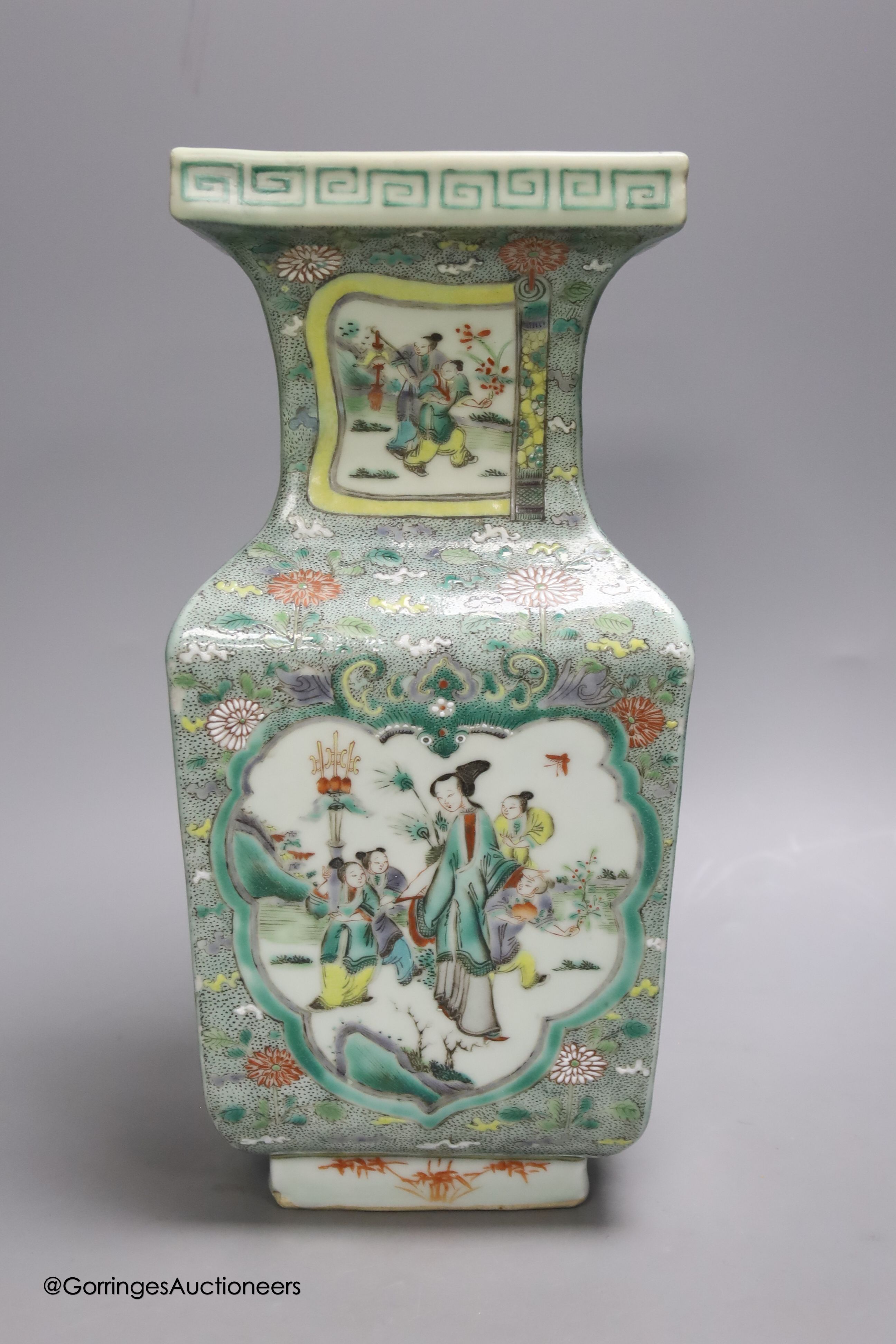 A Chinese famille verte square baluster vase, 19th century, height 32cm, restored neck - Image 2 of 5