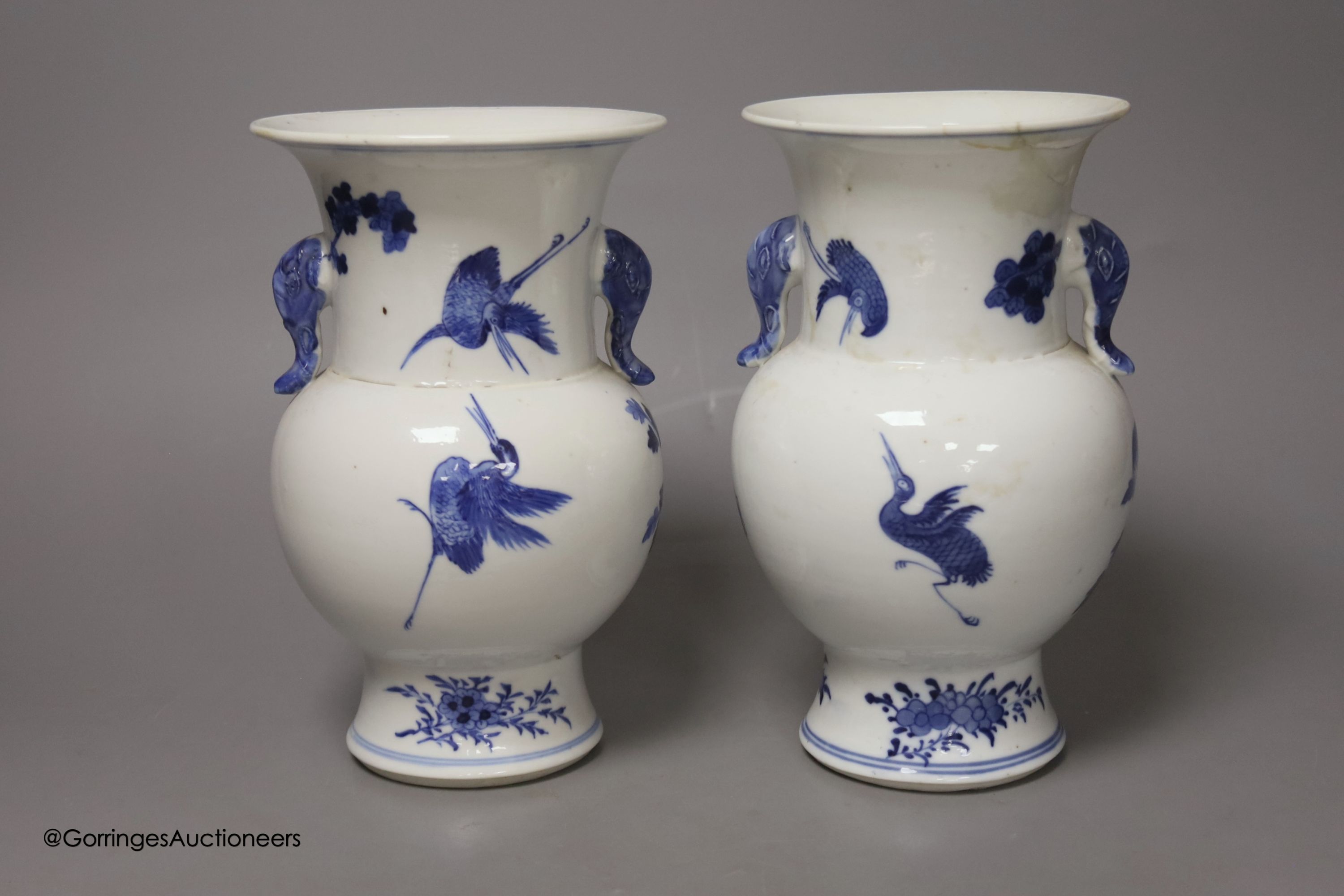 A pair of Chinese blue and white 'phoenix' vases, Kangxi marks but late 19th century, height 20cm ( - Image 2 of 4