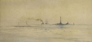 Rowland Langmaid (1897-1956), watercolour, Shipping passing a lighthouse, signed, 9 x 19cm