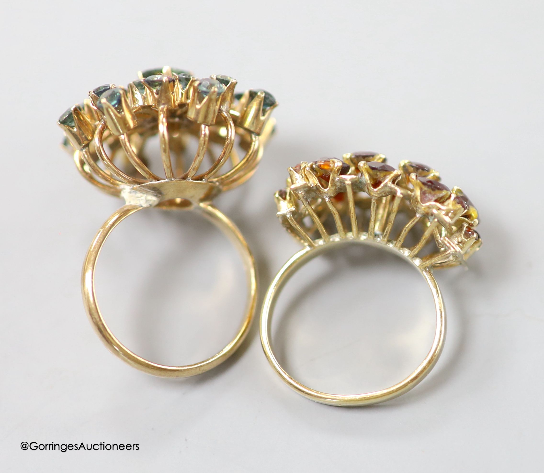 Two modern 14k and gem set cluster dress rings, including garnet, sizes K/L & M, gross 11.2 grams. - Image 3 of 3