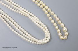 A triple strand cultured pearl choker necklace, with 375 clasp, 40cm and a single strand graduated