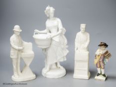 A French white glazed figure, a pair of biscuit porcelain figures of street sellers and a Berlin