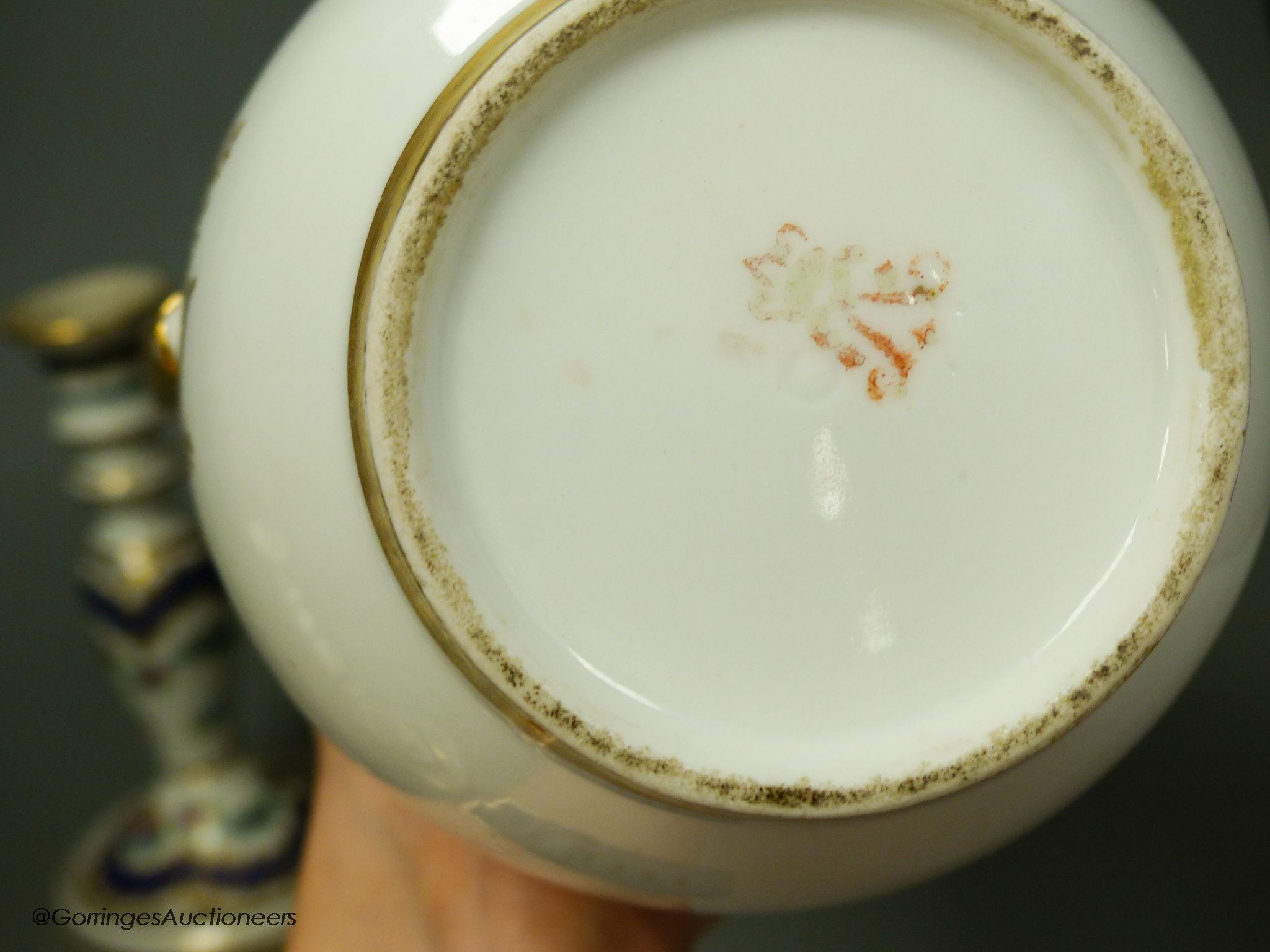 A 19th century Paris porcelain coffee pot and a pair of Dresden candlesticks, tallest 24cm - Image 5 of 5