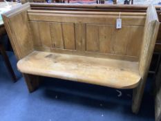 A Victorian pitch pine pew, length 112cm, depth 44cm, height 86cm