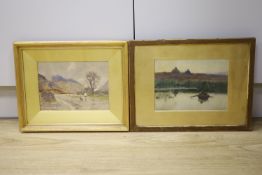 George Cockram (1861-1950), two watercolours, The Pass of Ffrancou and Rowing Boat on the marshes,