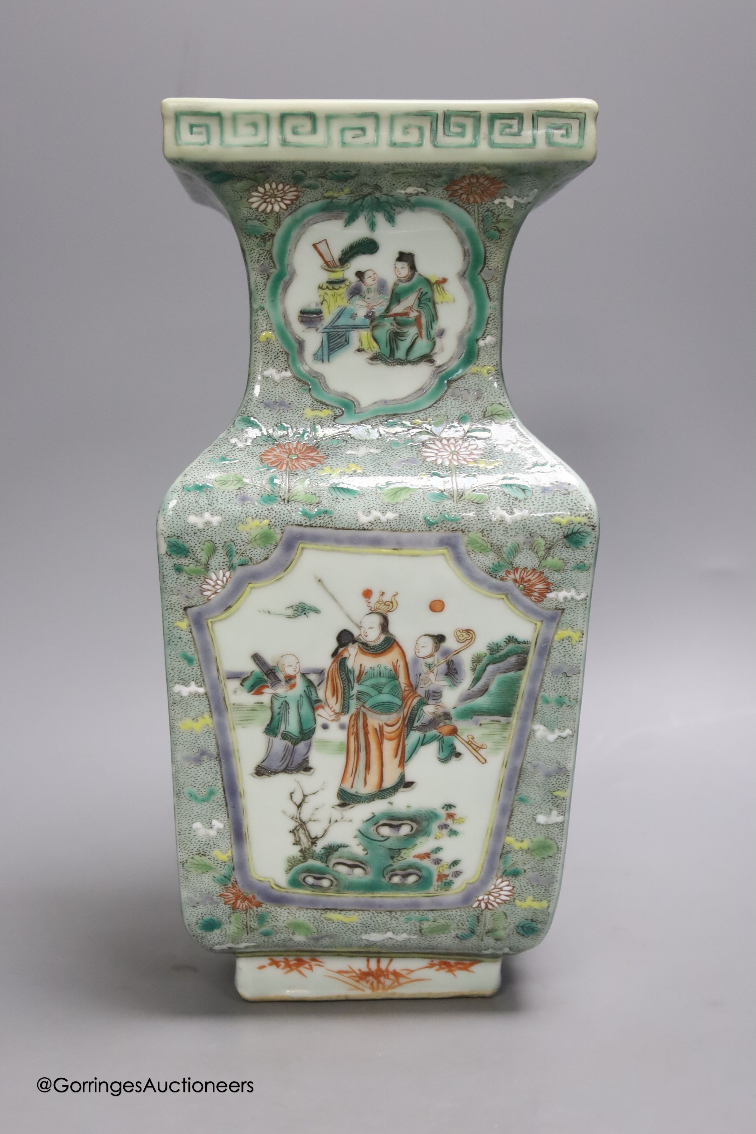 A Chinese famille verte square baluster vase, 19th century, height 32cm, restored neck - Image 3 of 5