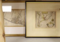 John Seller, coloured engraving, A chart of the sea coasts of Brazil, 13 x 15cm and two Map of