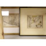 John Seller, coloured engraving, A chart of the sea coasts of Brazil, 13 x 15cm and two Map of