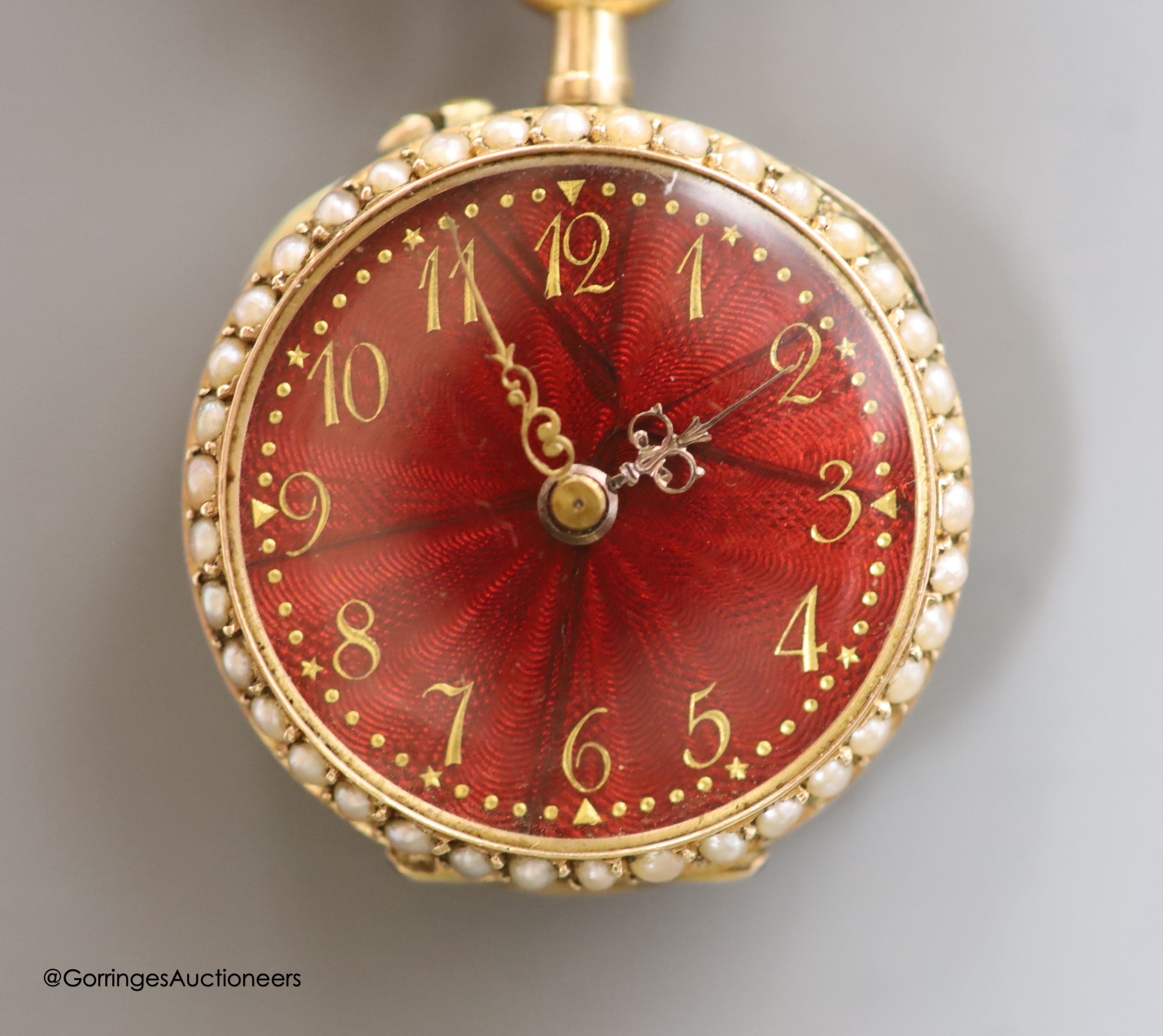 A lady's early 20th century 14k yellow metal, red enamel and seed pearl set fob watch(a.f.), case - Image 2 of 4