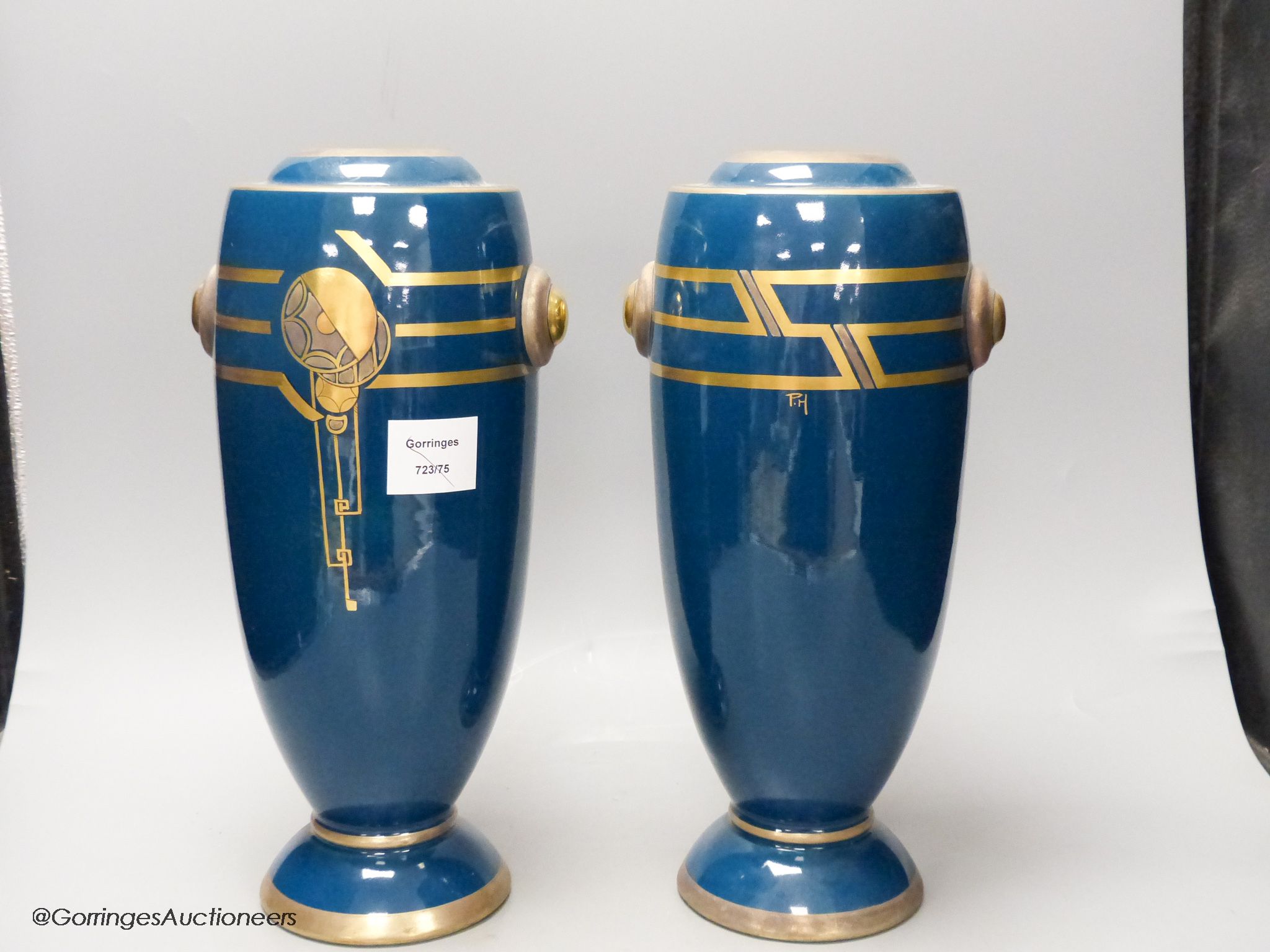 A pair of Art Deco blue glazed pottery vases, initialled PH, height 36cm - Image 3 of 4