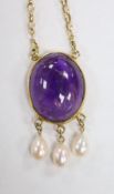 A modern yellow metal mounted, oval amethyst pebble and three stone cultured pearl set drop