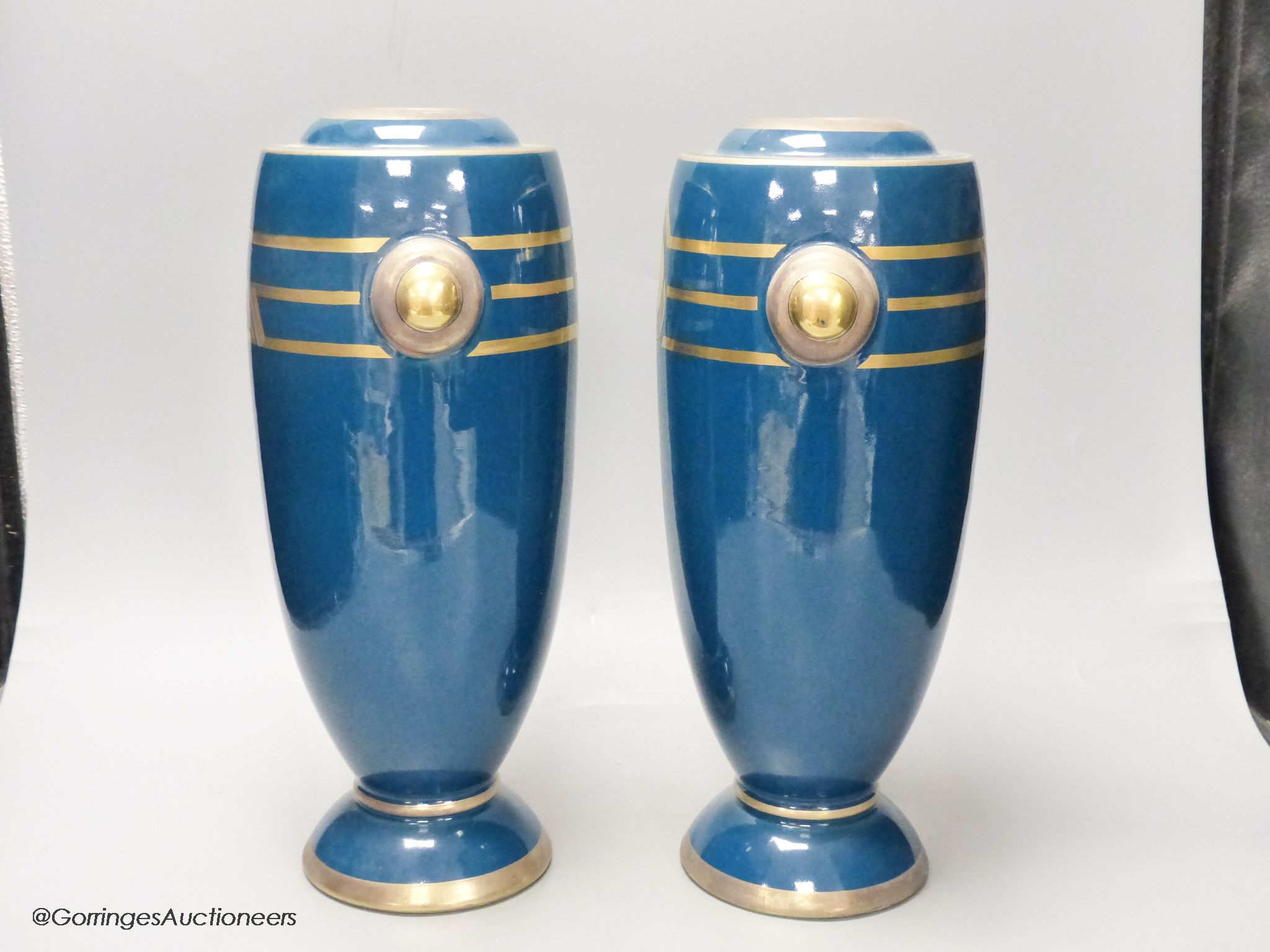 A pair of Art Deco blue glazed pottery vases, initialled PH, height 36cm - Image 2 of 4