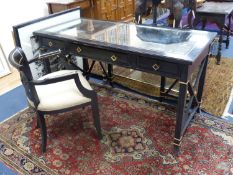A Regency style ebonised mirrored dressing table, width 139cm, depth 64cm, height 75cm and elbow