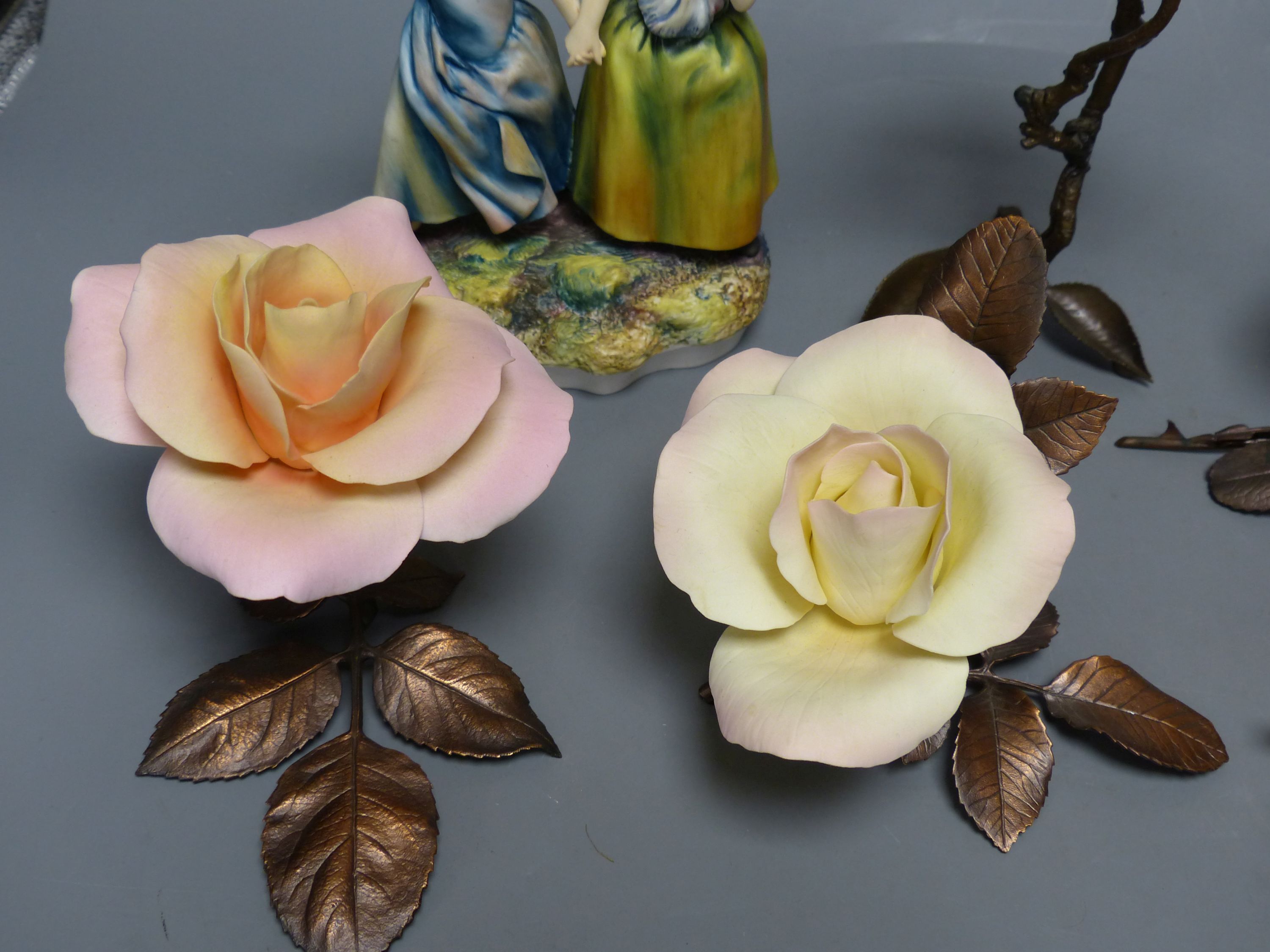 Four Boehm porcelain and bronzed metal roses, a similar model of a bullfinch eating berries and a - Image 2 of 3