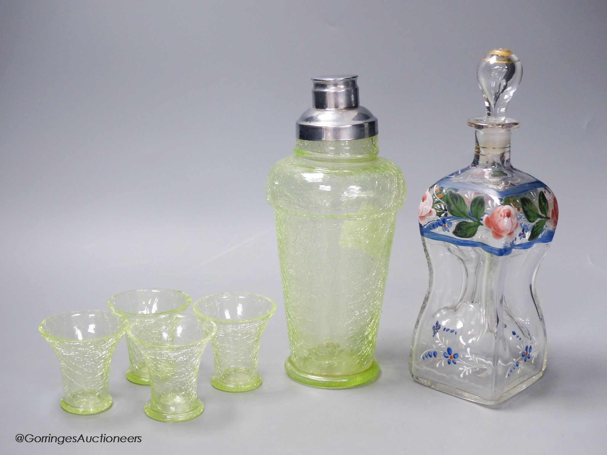 An Deco-style green crackle glass cocktail shaker, six tots and one other decanter - Image 2 of 2