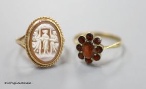 A modern 9ct gold and 'Three Graces' oval cameo shell ring, size K, gross 3.2 grams and a 333 (8kt)
