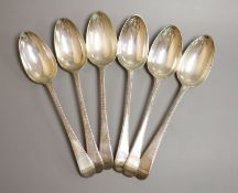 A set of six George III silver feather edge Old English pattern tablespoons, Thomas Chawner,