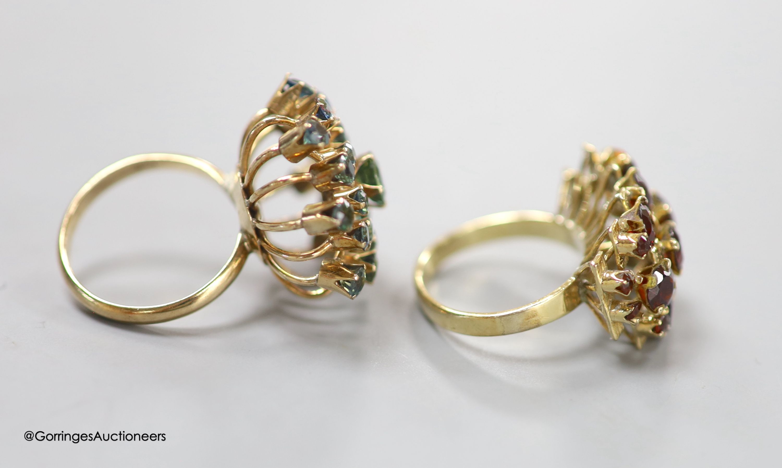 Two modern 14k and gem set cluster dress rings, including garnet, sizes K/L & M, gross 11.2 grams. - Image 2 of 3