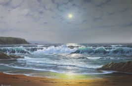 Peter Cosslett (1927-), oil on canvas, Waves breaking on the shore under moonlight, signed, 50 x