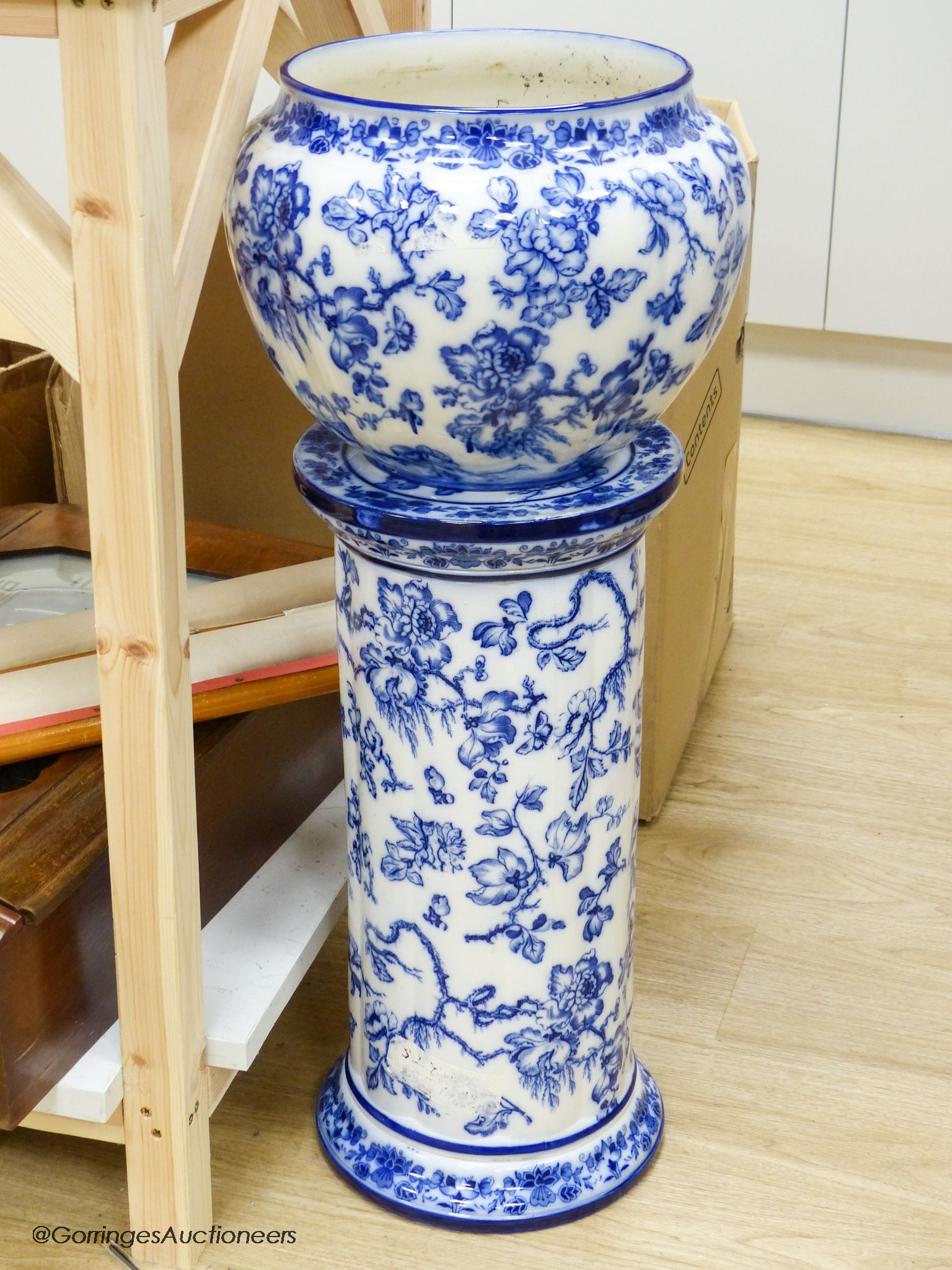 A Wedgwood Etruria England Swallow blue and white jardiniere and stand, height 79cm - Image 2 of 2