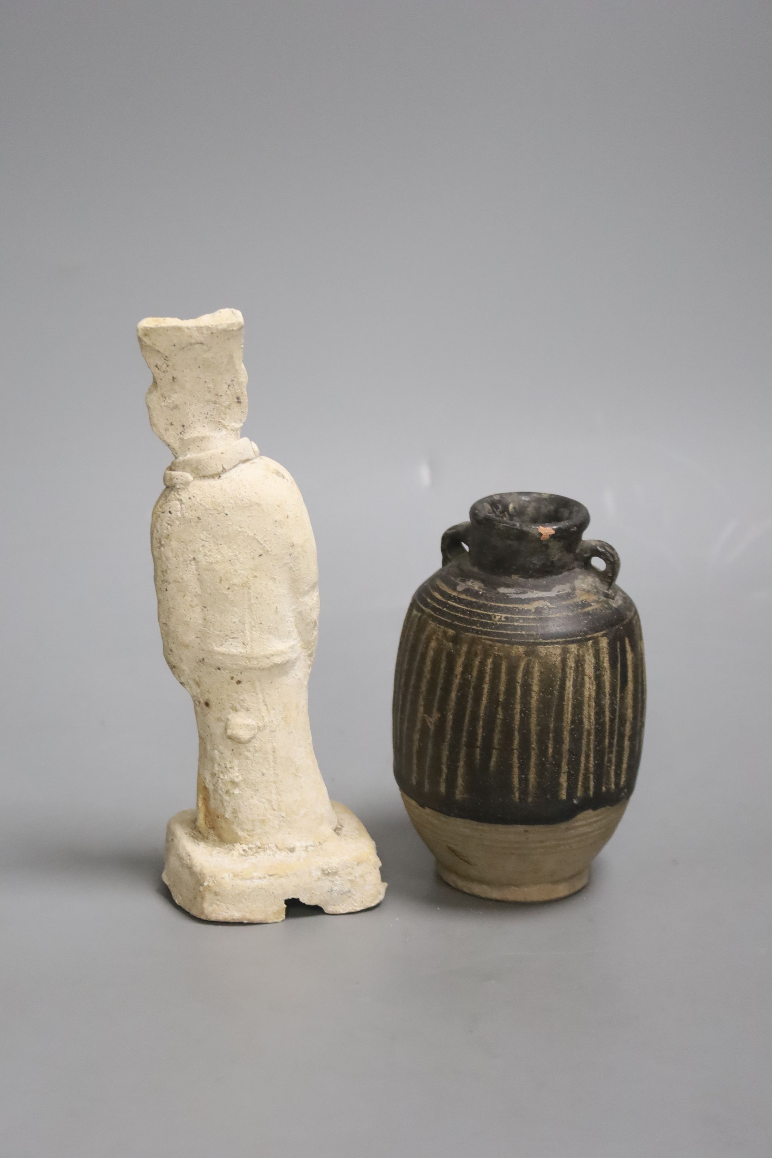 A Thai Sawankhalok jarlet and a Tang pottery figure, height 18cm - Image 3 of 5
