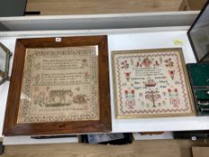 A William IV needlework sampler, worked with text and a lion, by Elizabeth Smith, dated 1836 and a