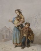 J. Marohn (19th C.), watercolour, Mother and children in winter, signed and dated '64, 30 x 23cm