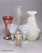 Roman style vase, a pair of goblets, a Bohemian trumpet vase, cut glass vase on stand and a German