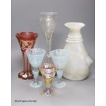 Roman style vase, a pair of goblets, a Bohemian trumpet vase, cut glass vase on stand and a German