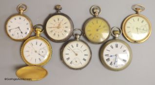 Seven assorted pocket watches including a 9ct gold open face J.W. Benson pocket watch, gross weight