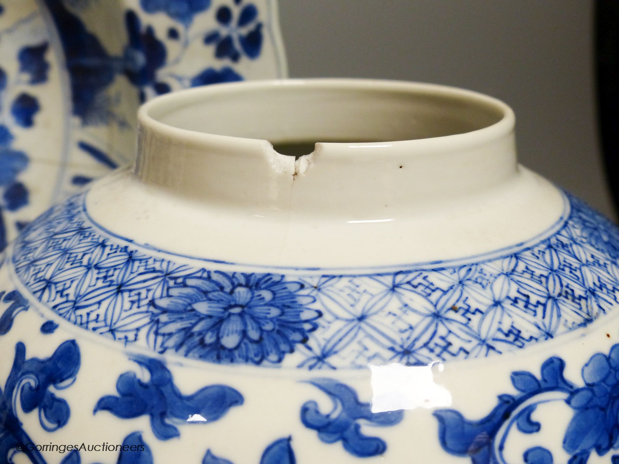 A Chinese blue and white dish, Kangxi mark and of the period, diameter 34cm, and a 19th century - Image 2 of 7