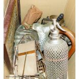 Metalware to include two bugles, photograph frame, soda syphon, also an early motorist's first aid