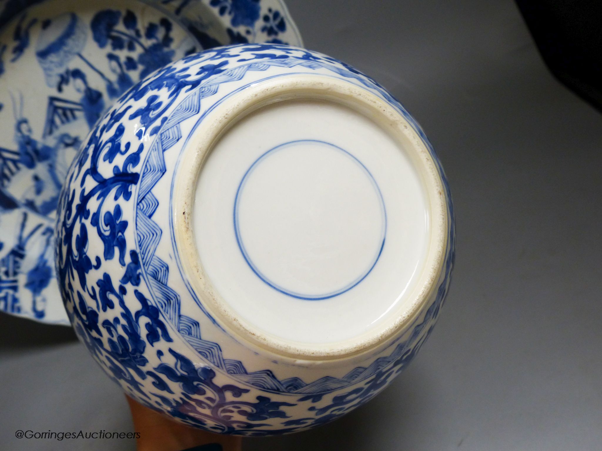 A Chinese blue and white dish, Kangxi mark and of the period, diameter 34cm, and a 19th century - Image 3 of 7