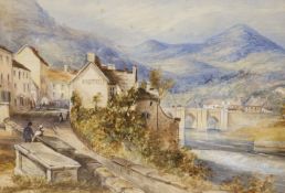 19th century English School, watercolour, Riverside country town, 30 x 44cm