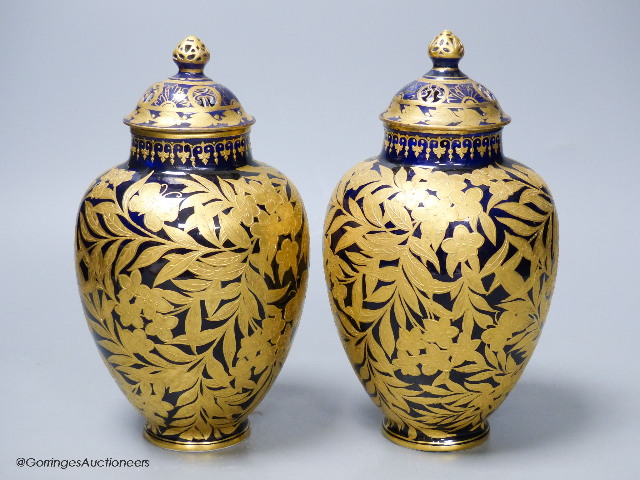 A pair of Crown Derby blue and gilt vases, both with restored lids, height 21cm - Image 2 of 7