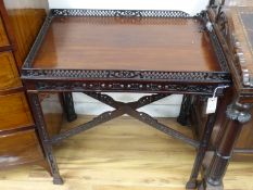 A George III style pierced mahogany side table (with damage), width 72cm, depth 45cm, height 72cm