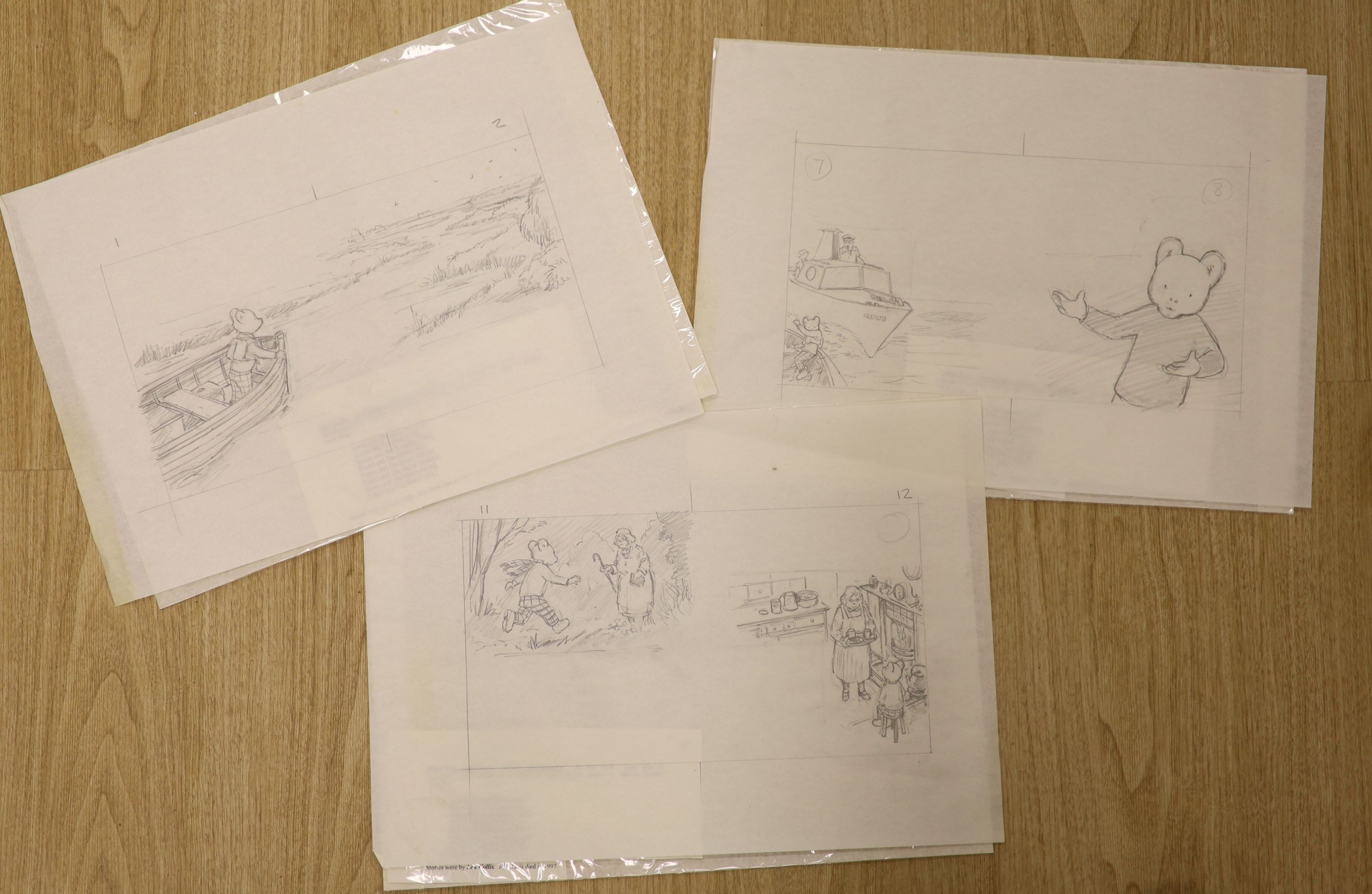 Jon Davies, three original pencil sketches for Rupert The Bear books, printed in 1986, overall 29 x