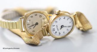 A lady's 9ct gold Vertex manual wind wrist watch, on a rolled gold mesh link bracelet and a similar