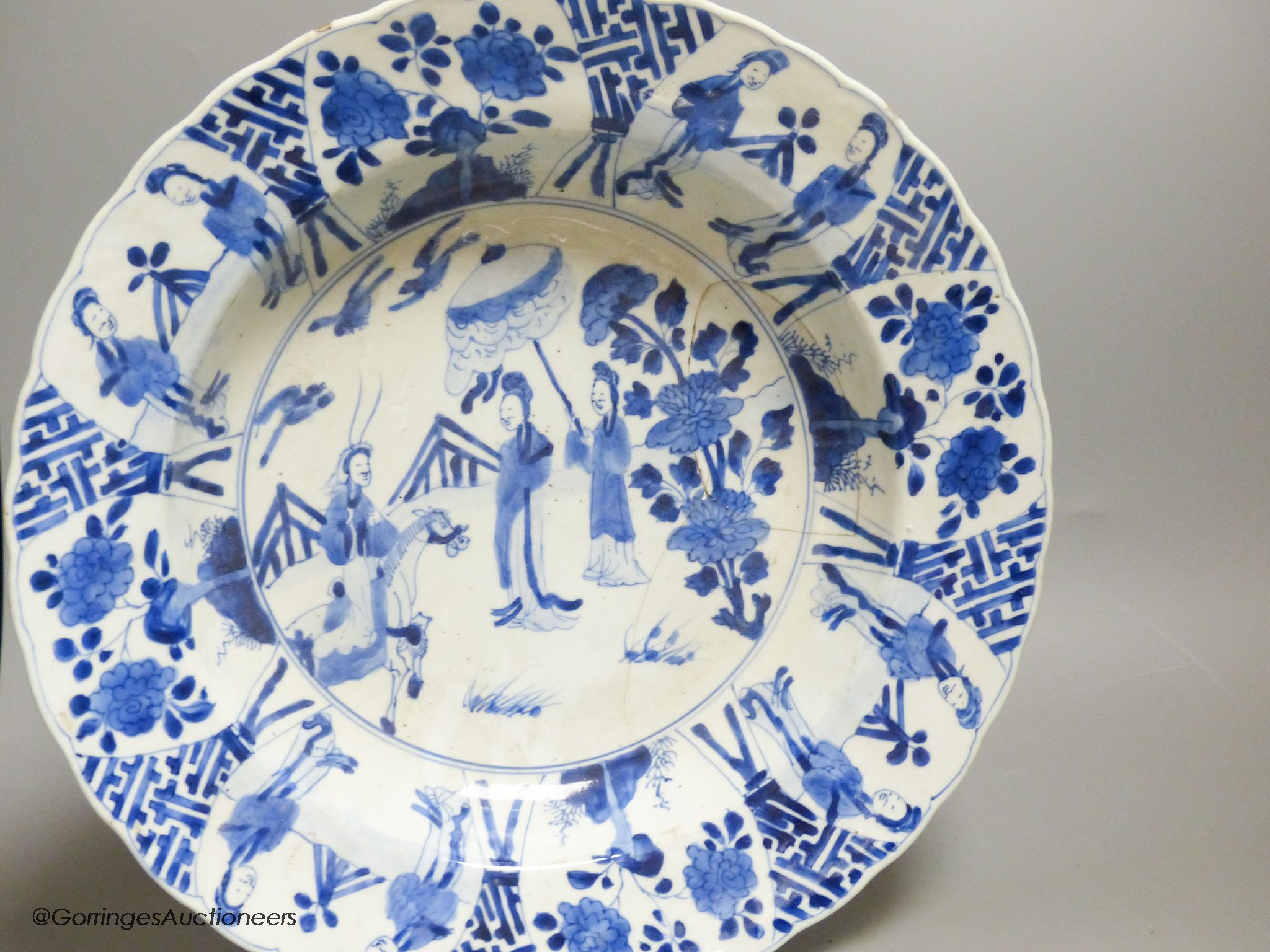 A Chinese blue and white dish, Kangxi mark and of the period, diameter 34cm, and a 19th century - Image 4 of 7