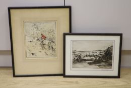 Eric Platt, etching, Loading haycarts, 17 x 25cm and a Tom Carr coloured etching, A woodland hunt,
