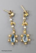 A pair of late Victorian 15ct, aquamarine and seed pearl set drop earrings, 33mm,gross weight 2.8
