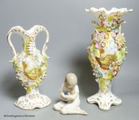 A Royal Copenhagen figure and a pair of Coalport style vases, tallest 31cm