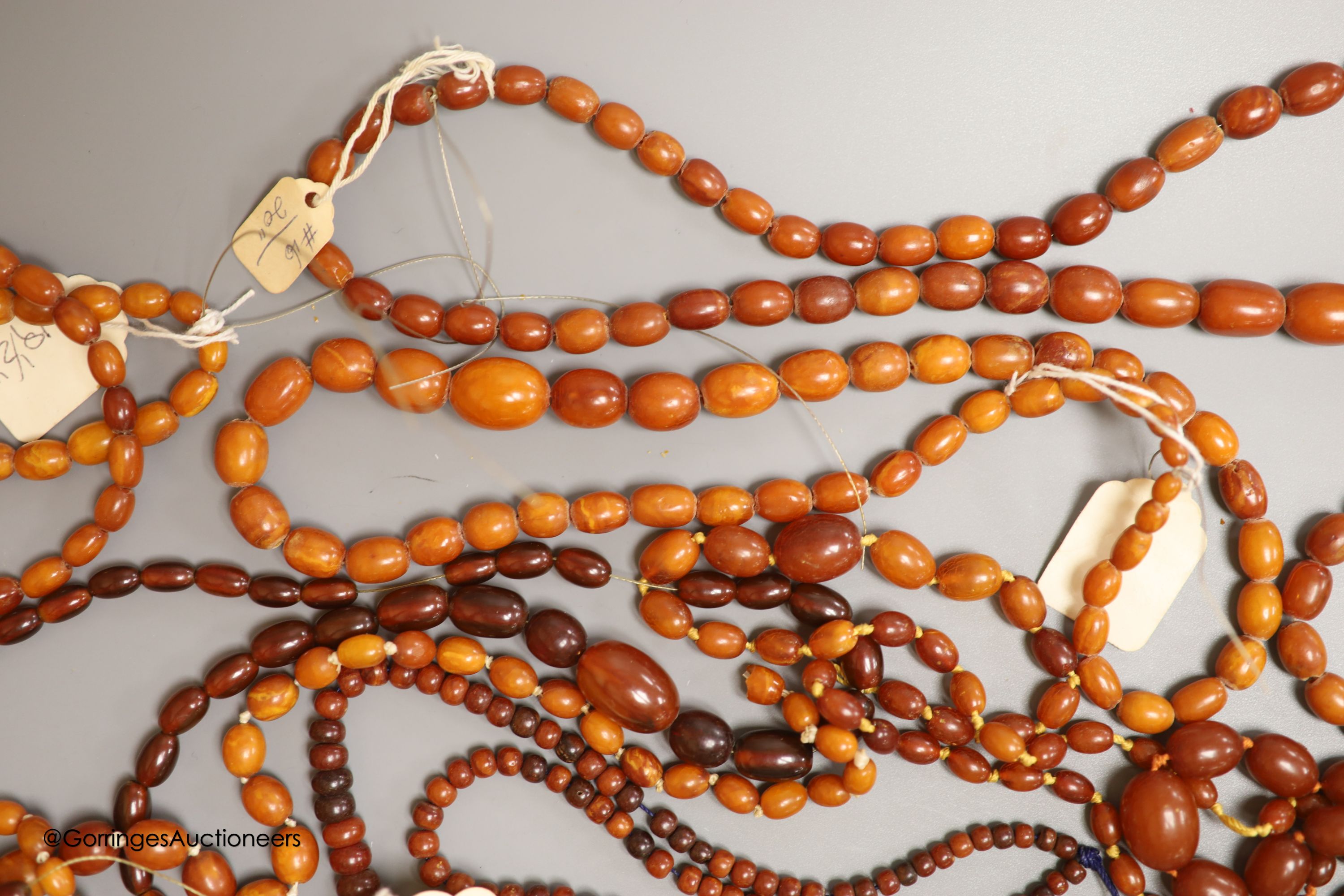 Nine assorted single strand amber bead necklaces, longest approximately 46cm, gross weight 173 - Image 4 of 5