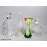 A silver-mounted decanter, a carafe vase and an Art Deco scent bottle