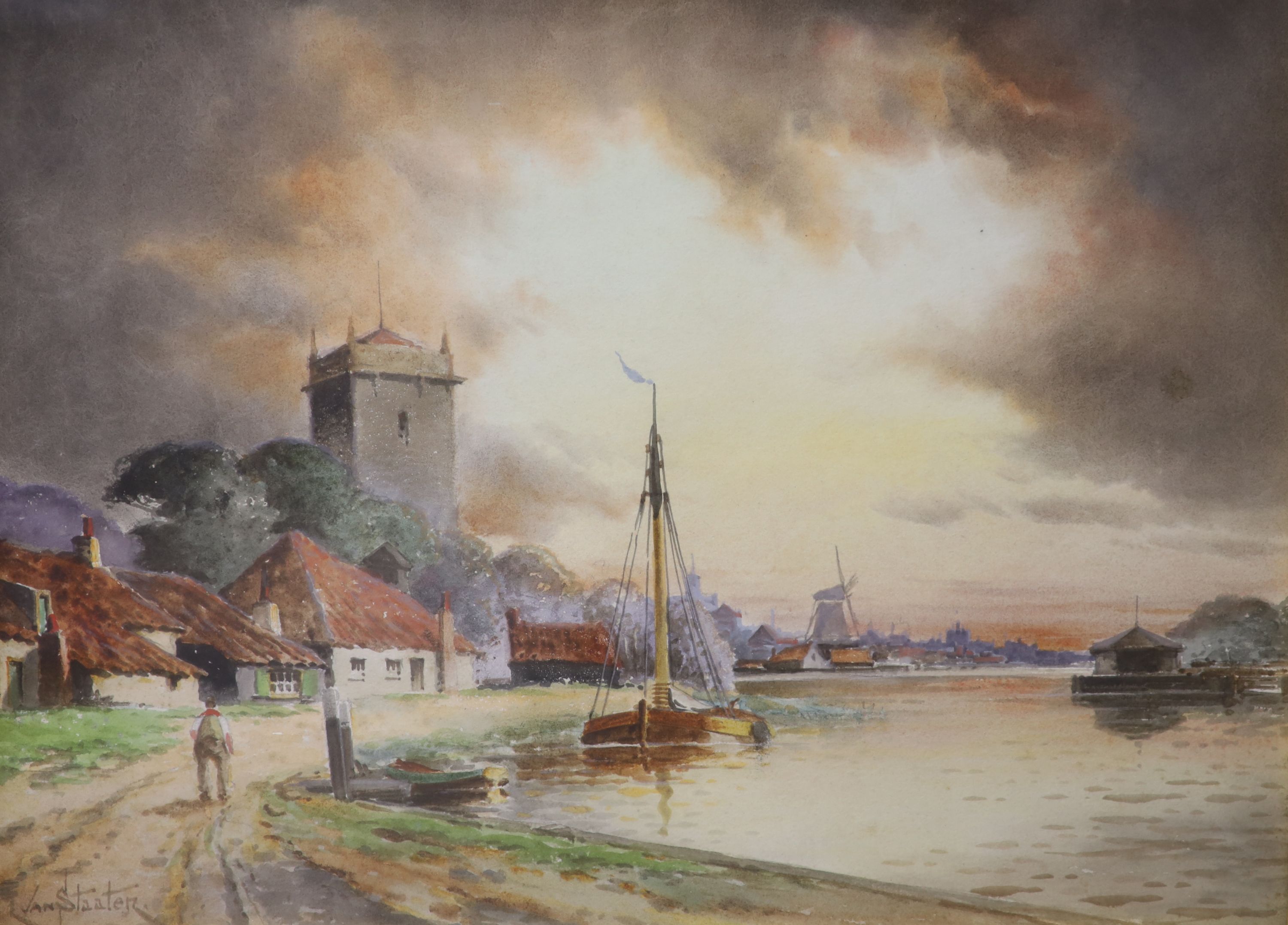 Louise Van Staten, watercolour, Estuary scene with church and windmills, signed, 29 x 39cm