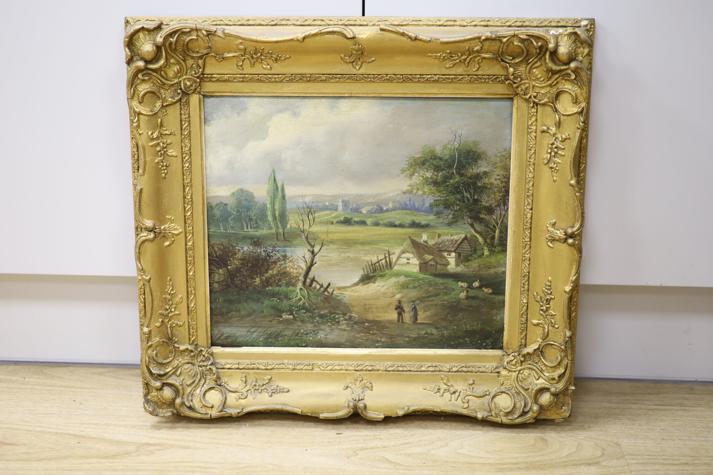19th century English School, oil on board, Figures in a landscape, 30 x 34cm - Image 2 of 2