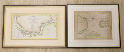 18th century French School, coloured engraving, Map of the Straits of Magellan, 19.5 x 35cm and a